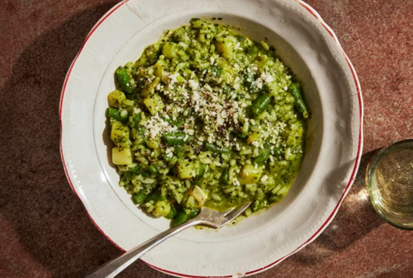 Risotto with herb pesto, potato, and green beans