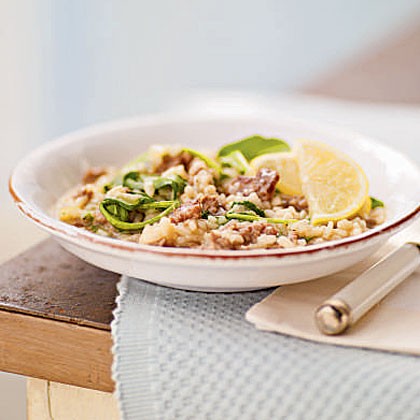 Risotto with Italian sausage, caramelized onions, and bitter greens