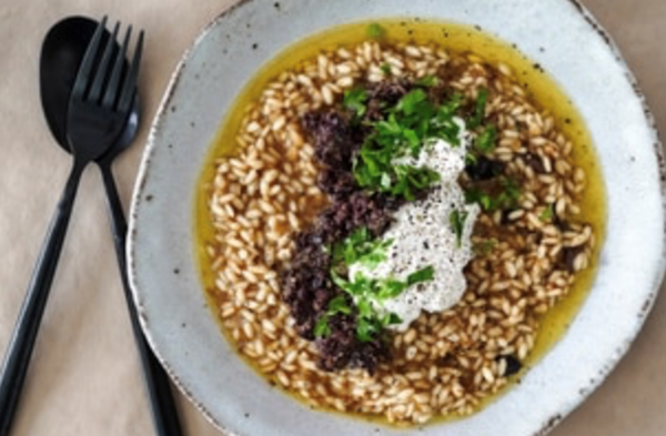 Risotto with 'nduja, stracciatella and olive tapenade