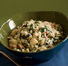 Risotto with scallops, pancetta, and spinach