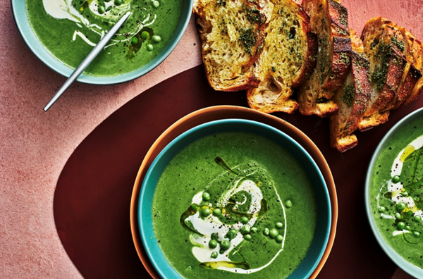River mint, pea and warrigal greens soup with saltbush butter sourdough