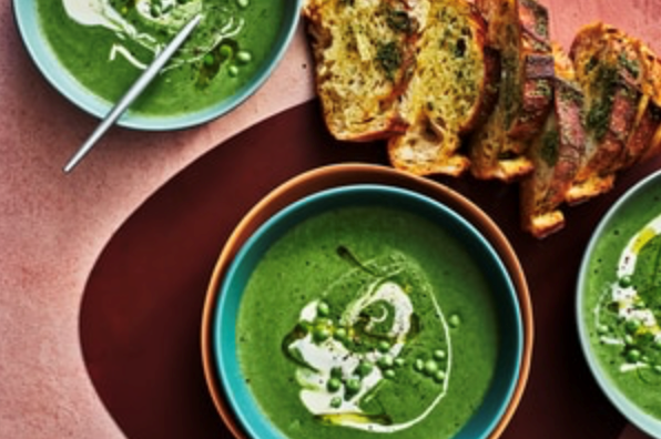 River mint, pea and warrigal greens soup with saltbush butter sourdough