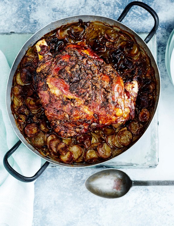 Roast anchovy butter lamb with boulangère new potatoes