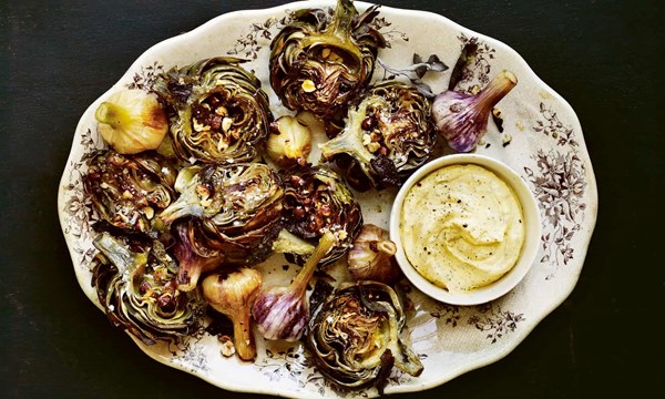 Roast artichokes with garlic, sage and hazelnuts, and lemon and fennel mayonnaise