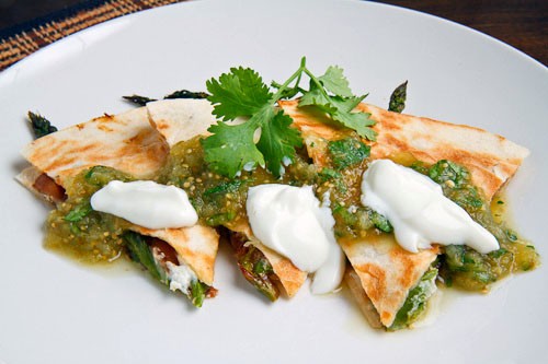 Roast asparagus and caramelized mushroom quesadillas with goat cheese