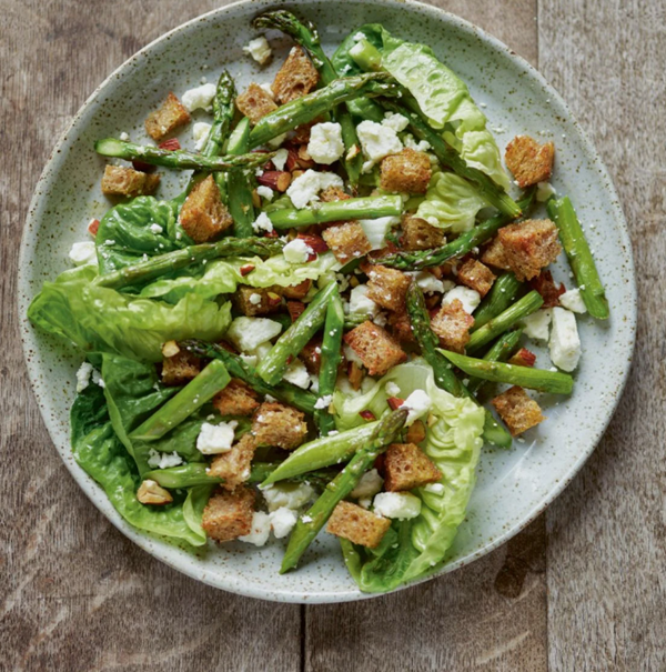 Roast asparagus, feta, almonds and sourdough croûtons [salad]