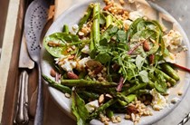 Roast asparagus, pea shoot & goat's cheese warm salad