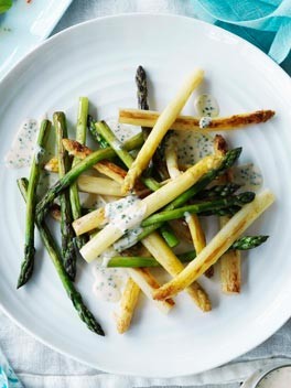 Roast asparagus salad with sour cream and chive dressing