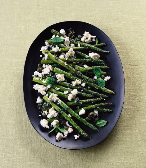 Roast asparagus with lemon, feta, mint and capers
