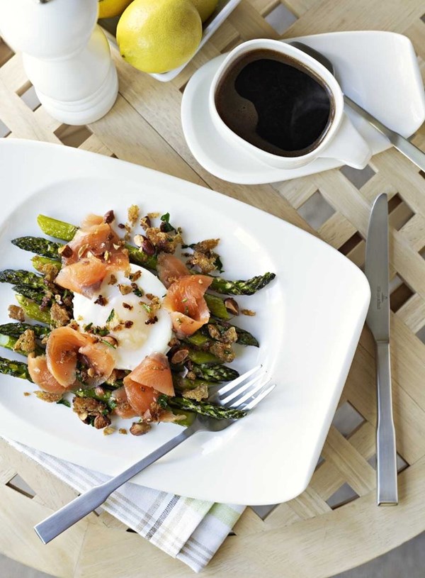 Roast asparagus with smoked salmon and crisp almond crumbs