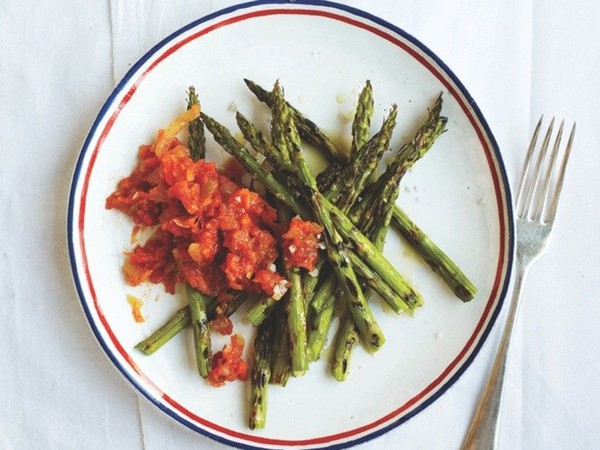 Roast asparagus with tomato relish from 'Family Table' (Cook the Book)
