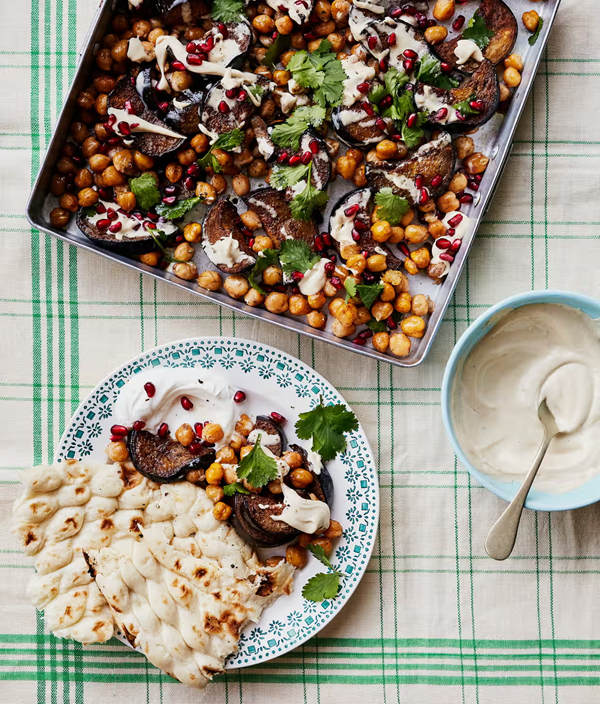 Roast aubergine, chickpeas and pomegranate