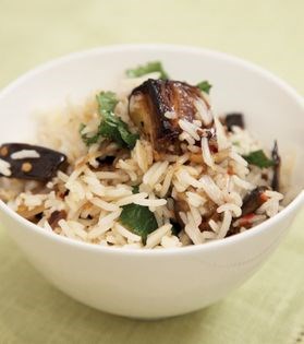 Roast aubergine, chilli and mint rice