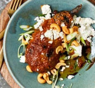 Roast aubergine, red miso butter and toasted cashews
