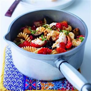 Roast aubergine, tomato and mozzarella pasta