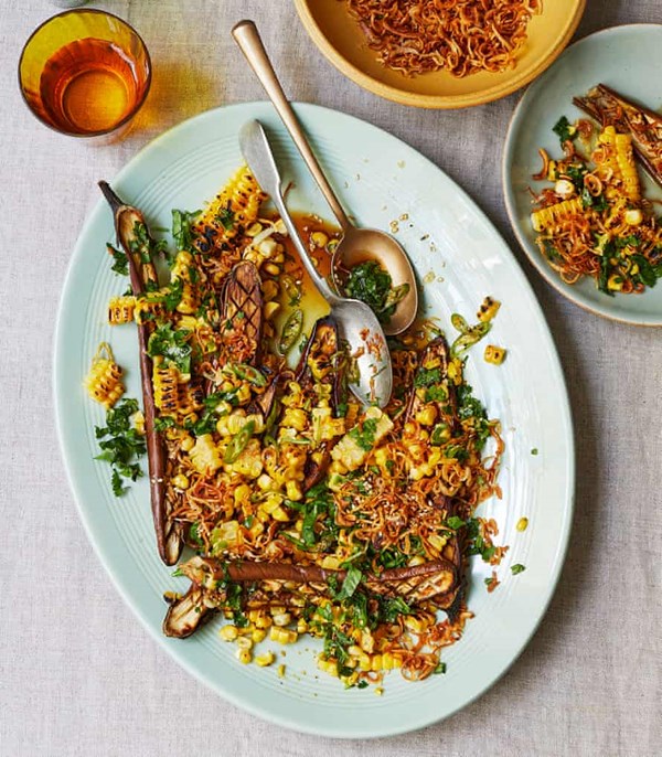Roast aubergine with corn and shallots