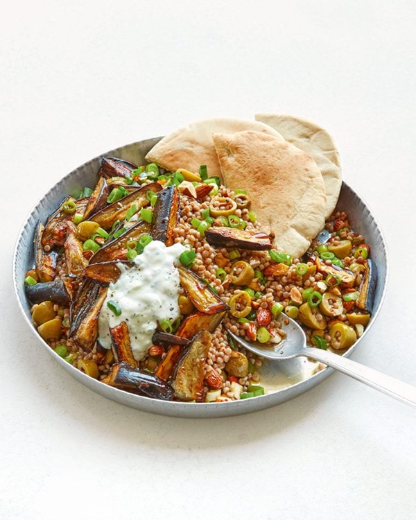 Roast aubergines and giant couscous with tzatziki 