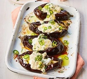 Roast aubergines with almond & garlic sauce, feta, dill & green chilli