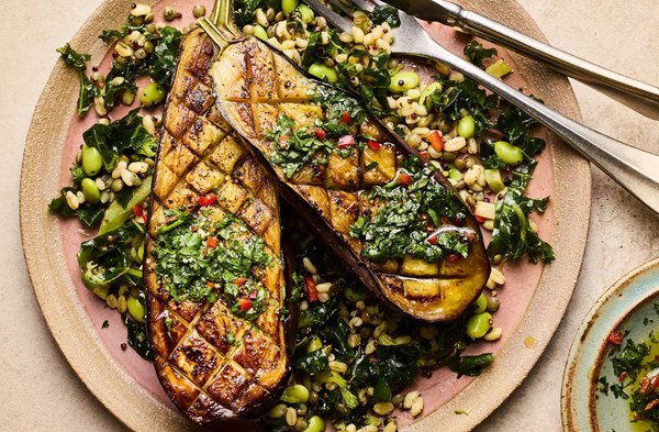 Roast aubergines with coriander chimichurri