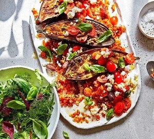 Roast aubergines with tomato rice & feta 