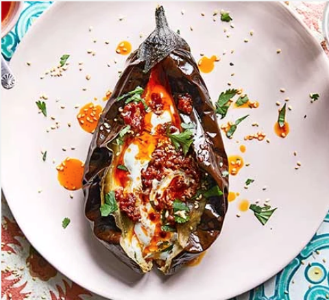 Roast aubergines with yogurt & harissa