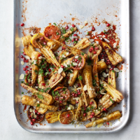 Roast baby parsnips with lemon and pomegranate