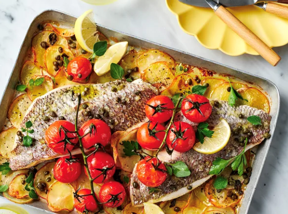 Roast baby snapper with potatoes, lemon and capers
