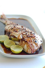 Roast baby snapper with yellow bean dressing