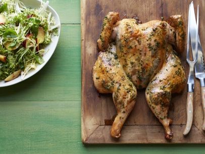 Roast basil chicken, basil baby potatoes, and frisée plum salad