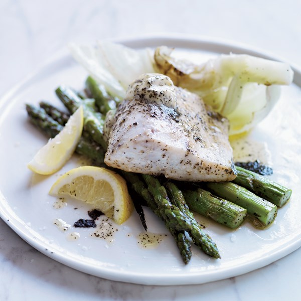 Roast bass with kombu butter, iceberg lettuce & asparagus [David Chang]