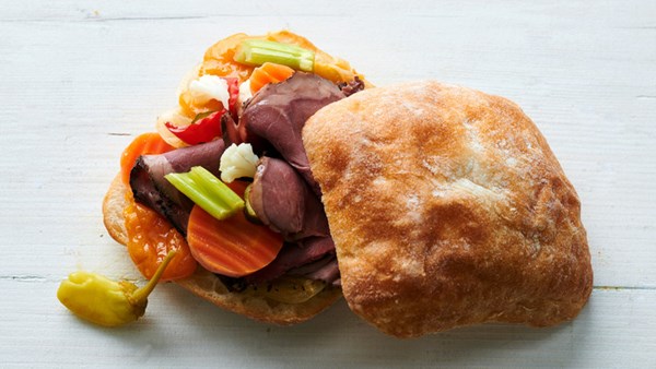 Roast-beef-and-cheddar grinders