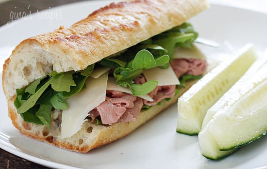 Roast beef, arugula and shaved Parmesan on a baguette