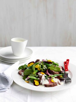 Roast beef, beetroot and wasabi green salad with buttermilk dressing