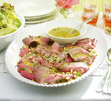 Roast beef platter with chilli, pine nut & parsley dressing
