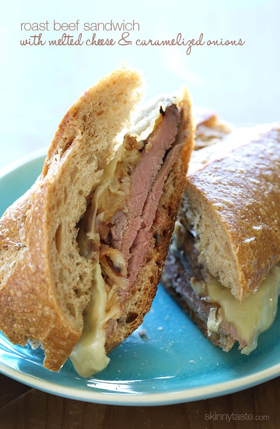 Roast beef sandwich with melted cheese and caramelized onions
