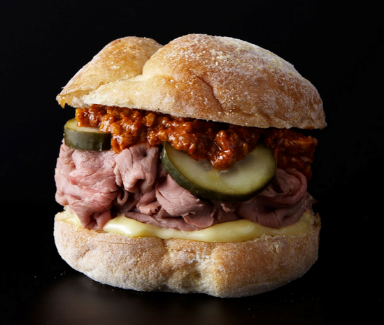 Roast beef sandwich with walnut romesco