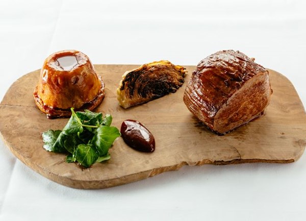 Roast beef silverside, barbecue suet pie, watercress, charred cabbage
