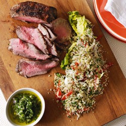 Roast beef strip loin with quinoa tabouleh and chermoula dressing