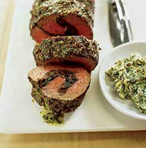 Roast beef tenderloin with caramelized onion and mushroom stuffing
