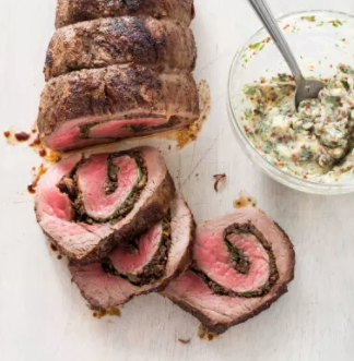 Roast beef tenderloin with caramelized onion and mushroom stuffing