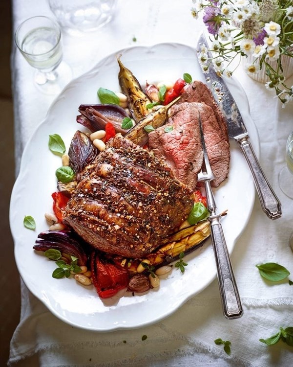 Roast beef with aubergine, peppers, harissa and beans