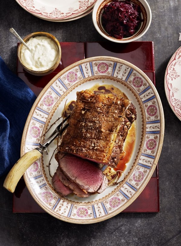 Roast beef with glazed beetroot and horseradish sauce