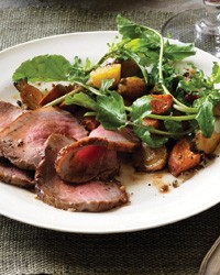 Roast beef with root vegetable and green peppercorn salad