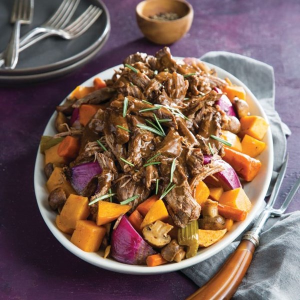 Roast beef with rutabagas and hearty veggies