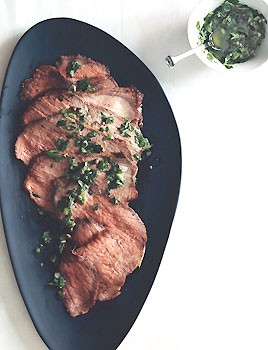 Roast beef with scallion-caper green sauce
