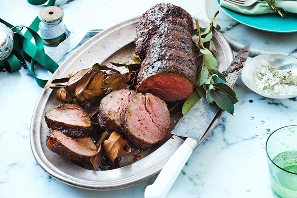 Roast beef with seeded mustard & bay leaf glaze