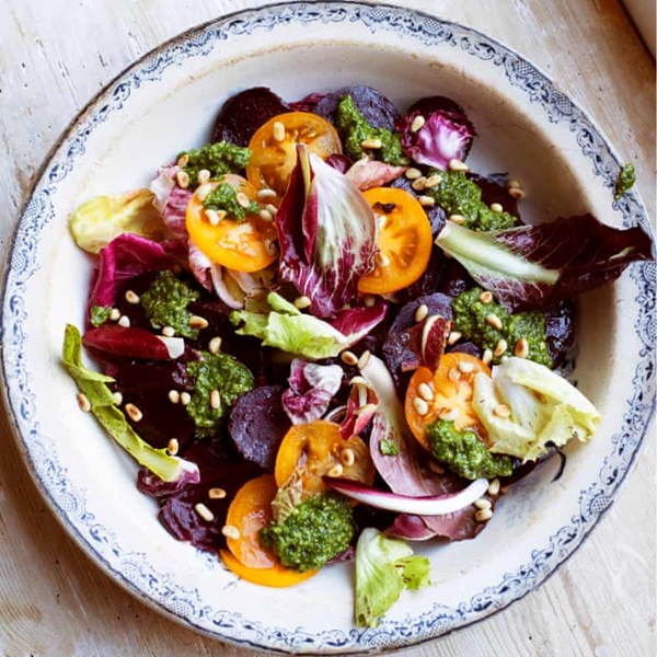 Roast beetroot, bitter leaves and basil pesto