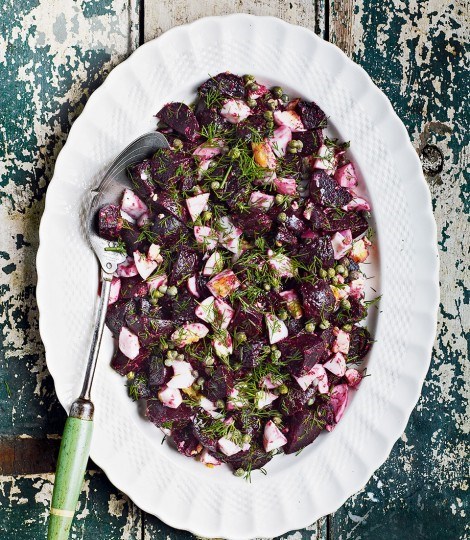 Roast beetroot, egg and caper salad with dill and horseradish vinaigrette