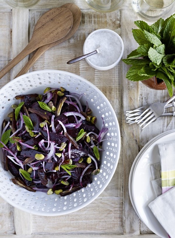 Roast beetroot, fresh date and pistachio salad