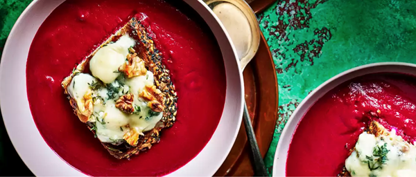 Roast beetroot soup with caramelised onion and blue cheese toasts